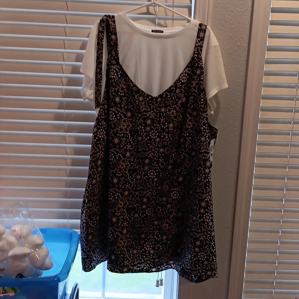 4X black floral dress with white undershirt